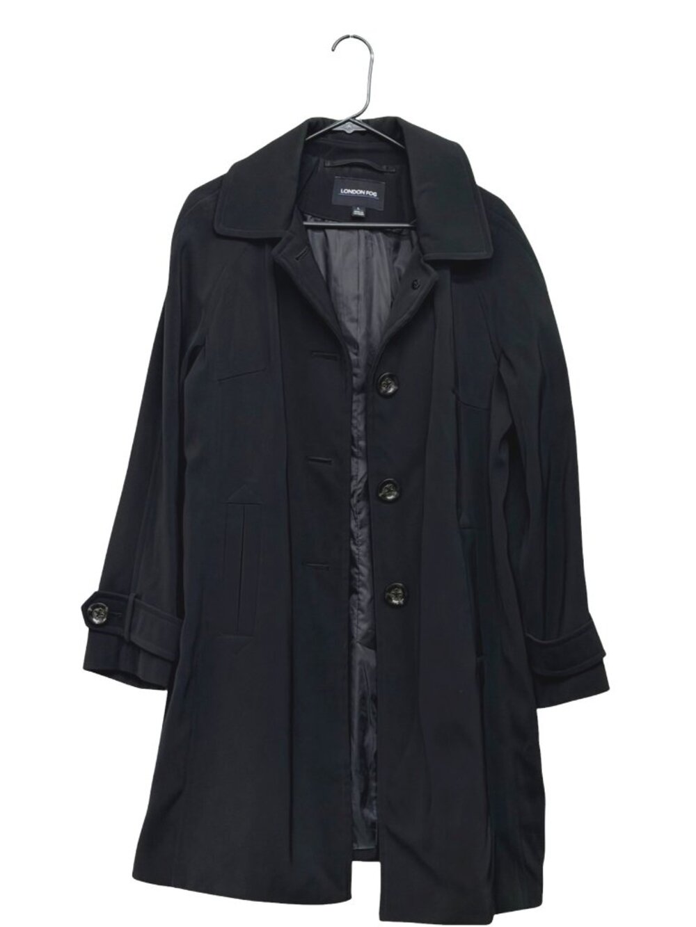 London Fog Black Trench Coat Womens L Button-Front Lightweight Polyester Lined